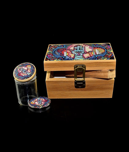 Lost in Space Stash Box Combo, 4 Part Herb Grinder, UV Glass Jar (100 ml), Rocket Tray, Poking Tool, Locking Stash Box for Herb with Accessories Kit