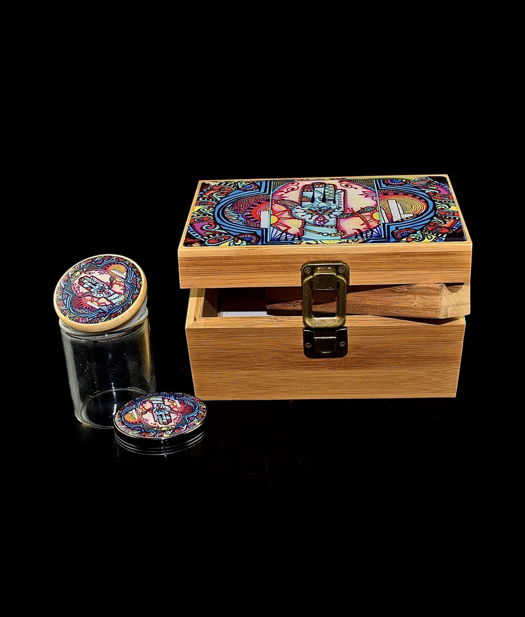 Lost in Space Stash Box Combo, 4 Part Herb Grinder, UV Glass Jar (100 ml), Rocket Tray, Poking Tool, Locking Stash Box for Herb with Accessories Kit -1030