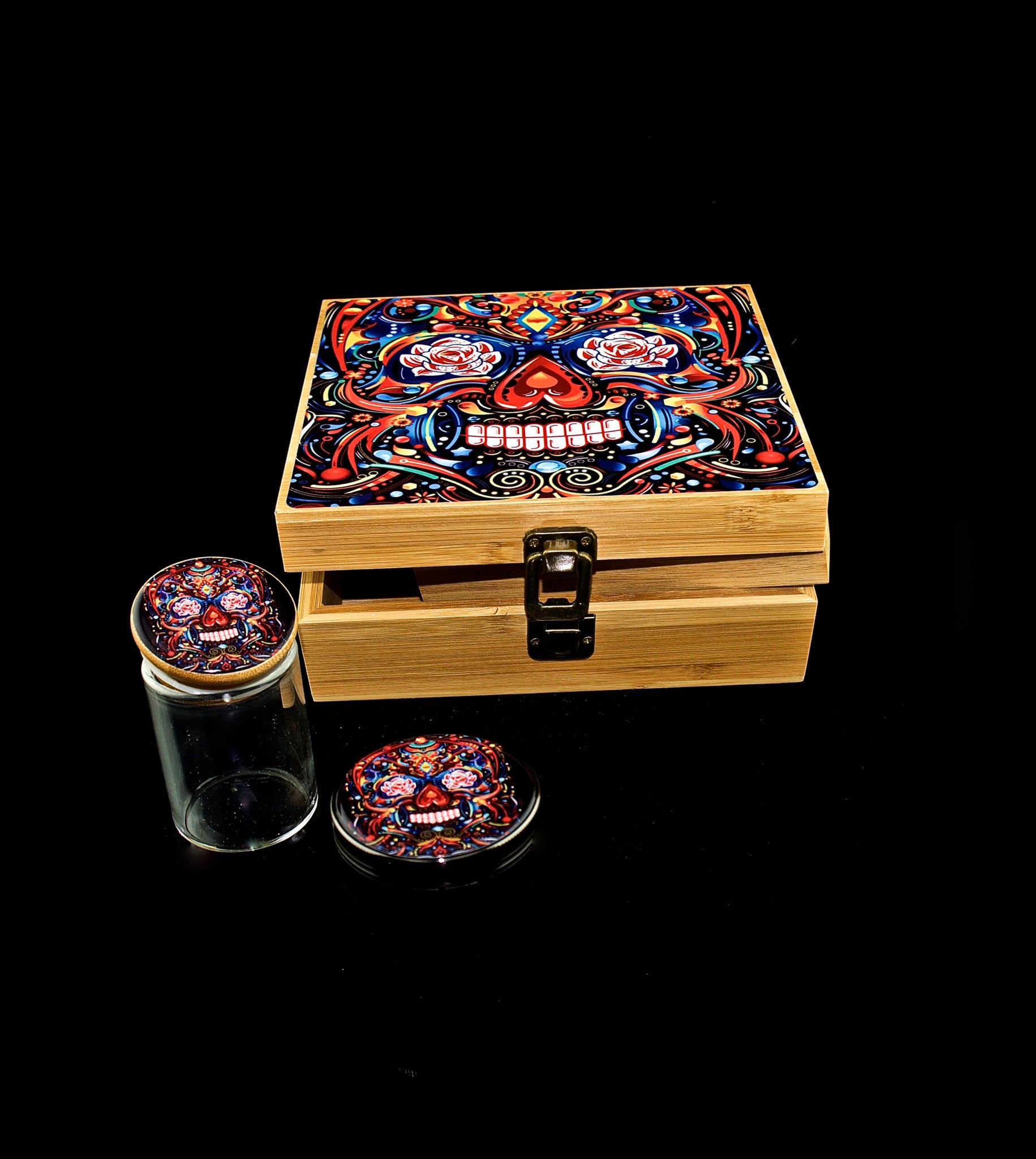 StashAM Stash Box Combo with Grinder - Includes Zinc Alloy 4 Part Herb Grinder, Smell Proof Airtight Glass Stash Jar & Embossed Wood Stash Box (Black)-1375